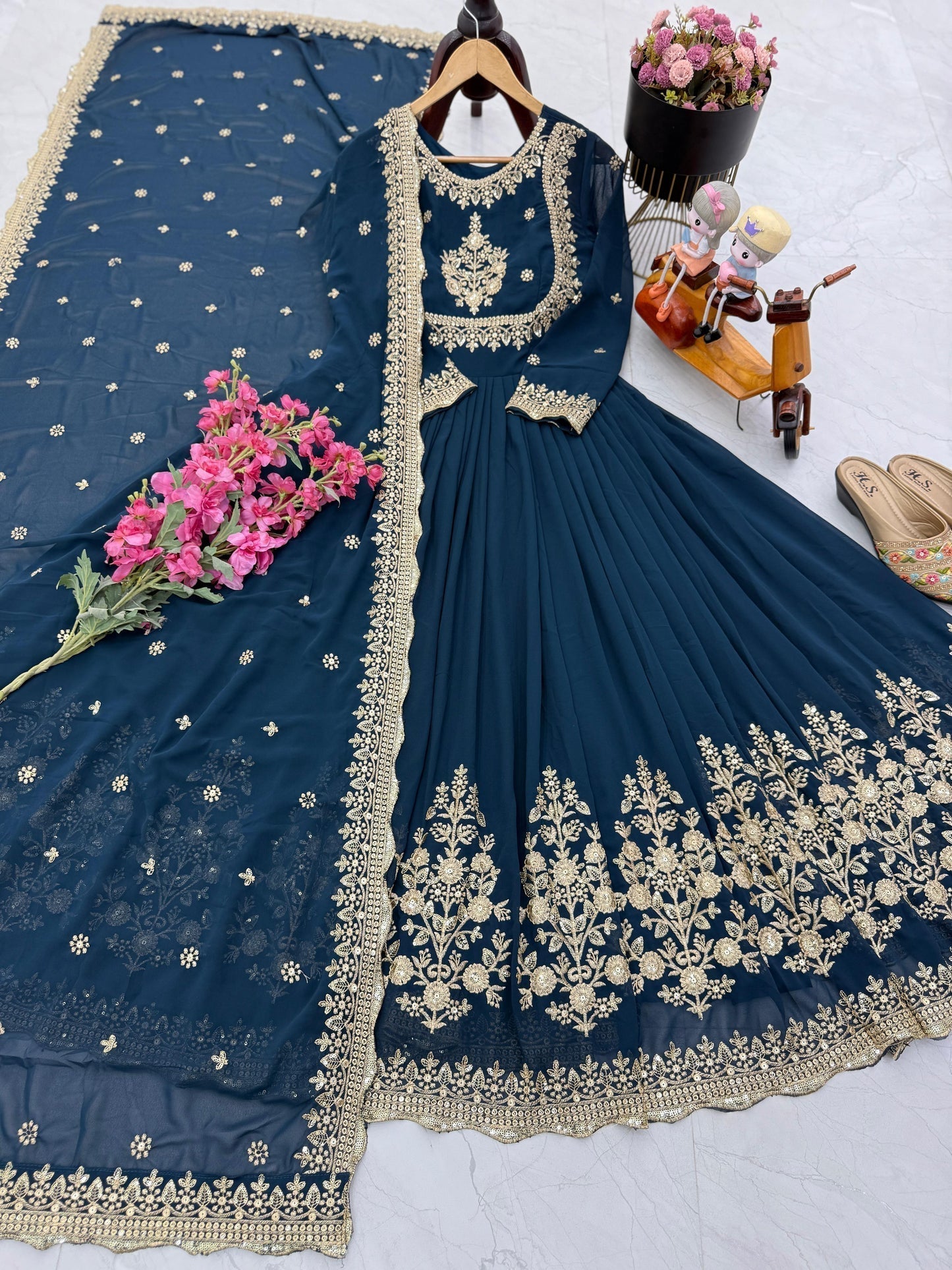 Designer Heavy Work Teal Green Color Gown