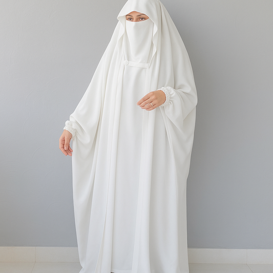Saudi or Irani Jilbab Full Length White and Noise Pc Firdous Fabric