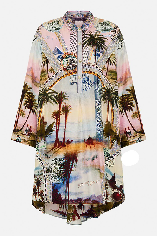 Resort Wear Palm Print Shirt Dress