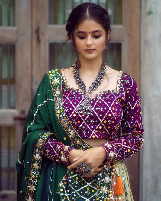 Cream Purple Lehenga Choli With Mirror Work And Attached Green Dupatta With..