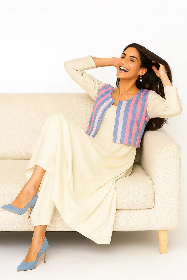 Ivory Cowl Dress with Striped Jacket