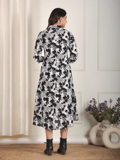 Soft Cotton Abstract Flared Black Dress