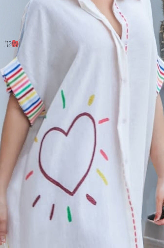Happy Soul Heart Art Printed Breezy Shirt Dress Free Size