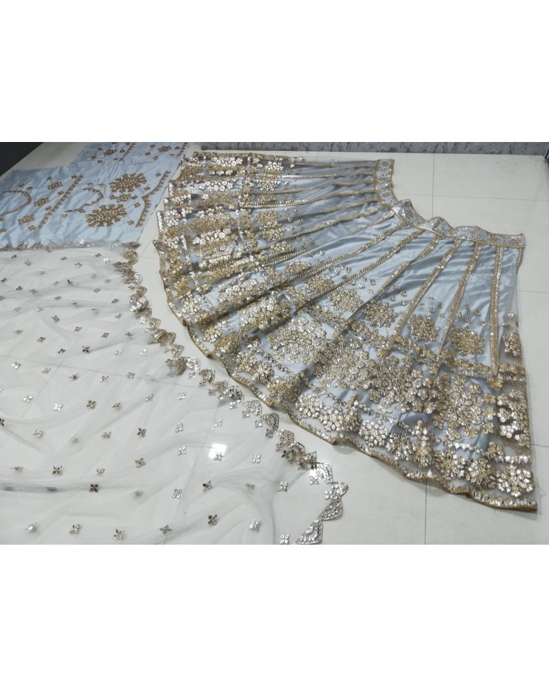 Grey Net zari mirror work wedding lehenga choli