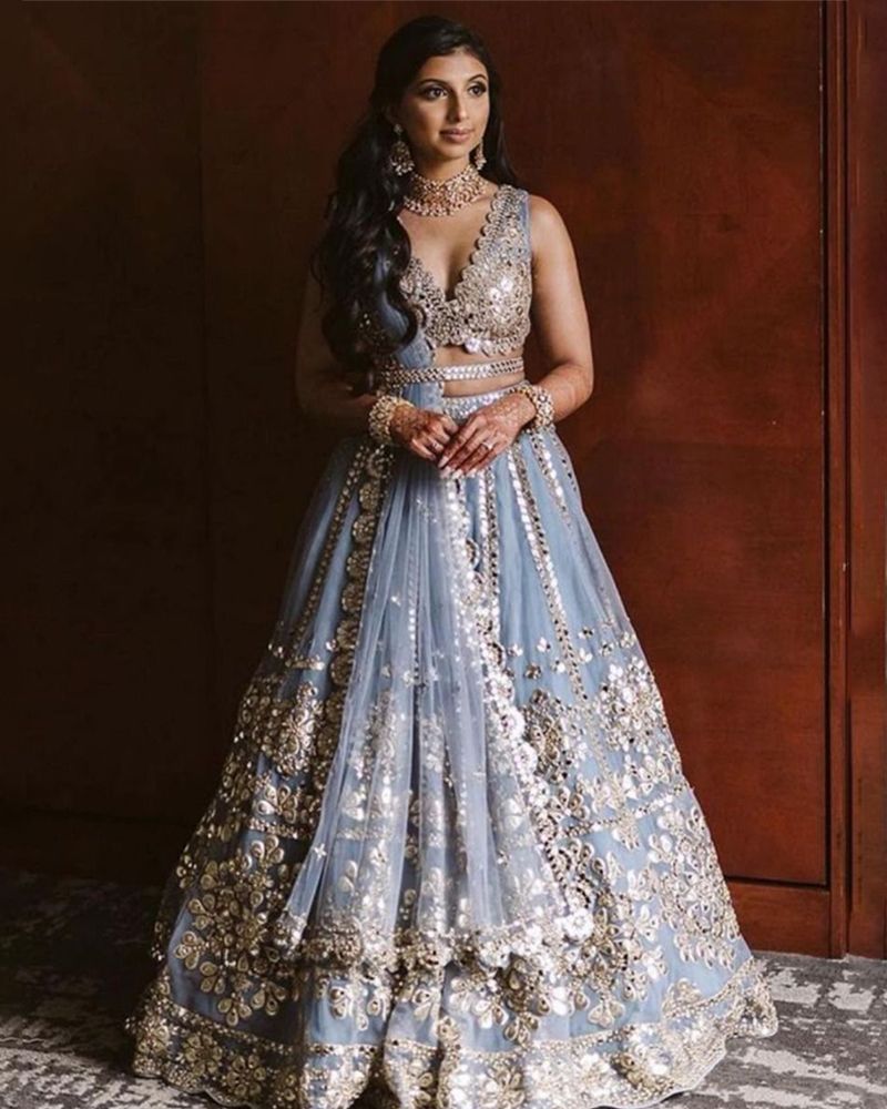 Grey Net zari mirror work wedding lehenga choli