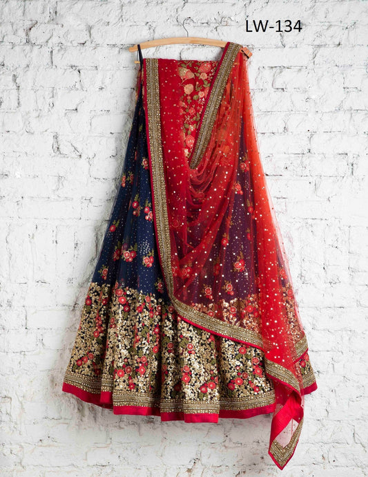 Navy Blue & Red Admirable Semi-Stitched Lehenga Choli With Dupatta