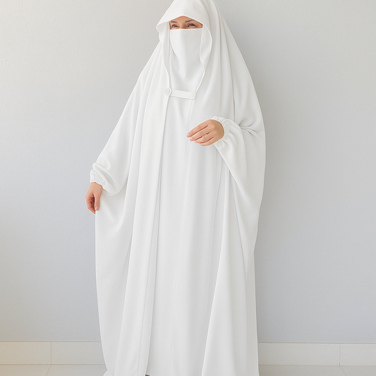 Saudi or Irani Jilbab Full Length White and Noise Pc Firdous Fabric