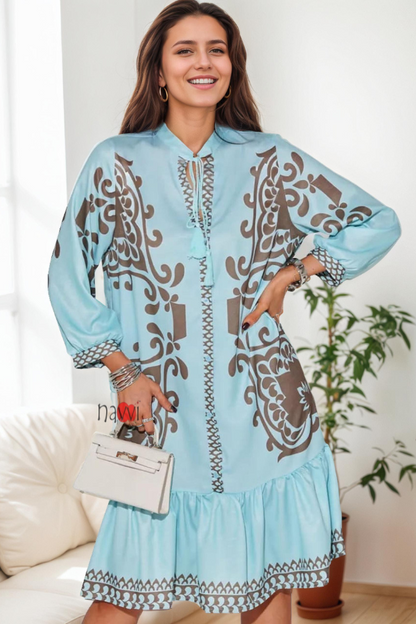 Azure Sky Blue Boho Ruffle Dress