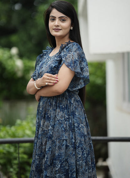 Blue Georgette Abstract Printed Festive Dress
