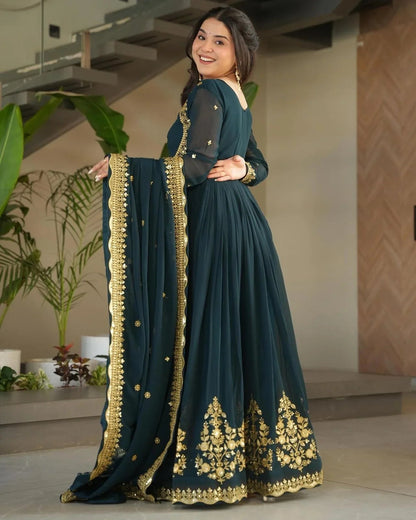 Designer Heavy Work Teal Green Color Gown