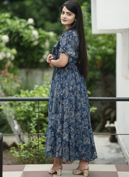 Blue Georgette Abstract Printed Festive Dress