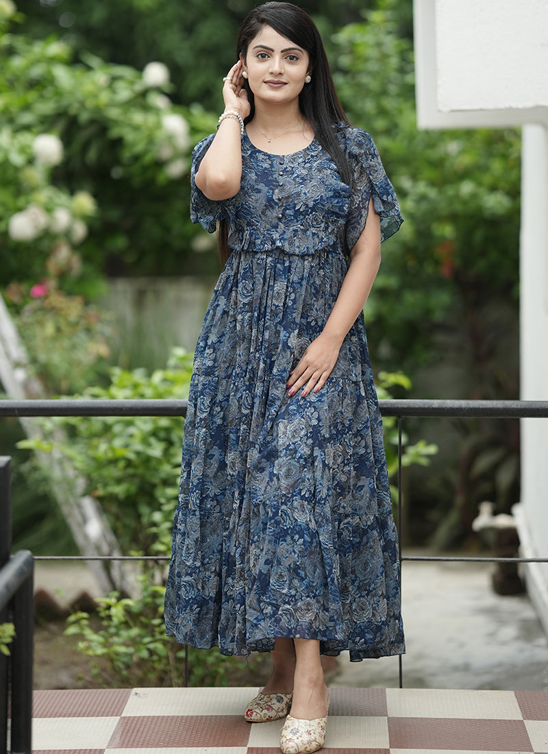 Blue Georgette Abstract Printed Festive Dress
