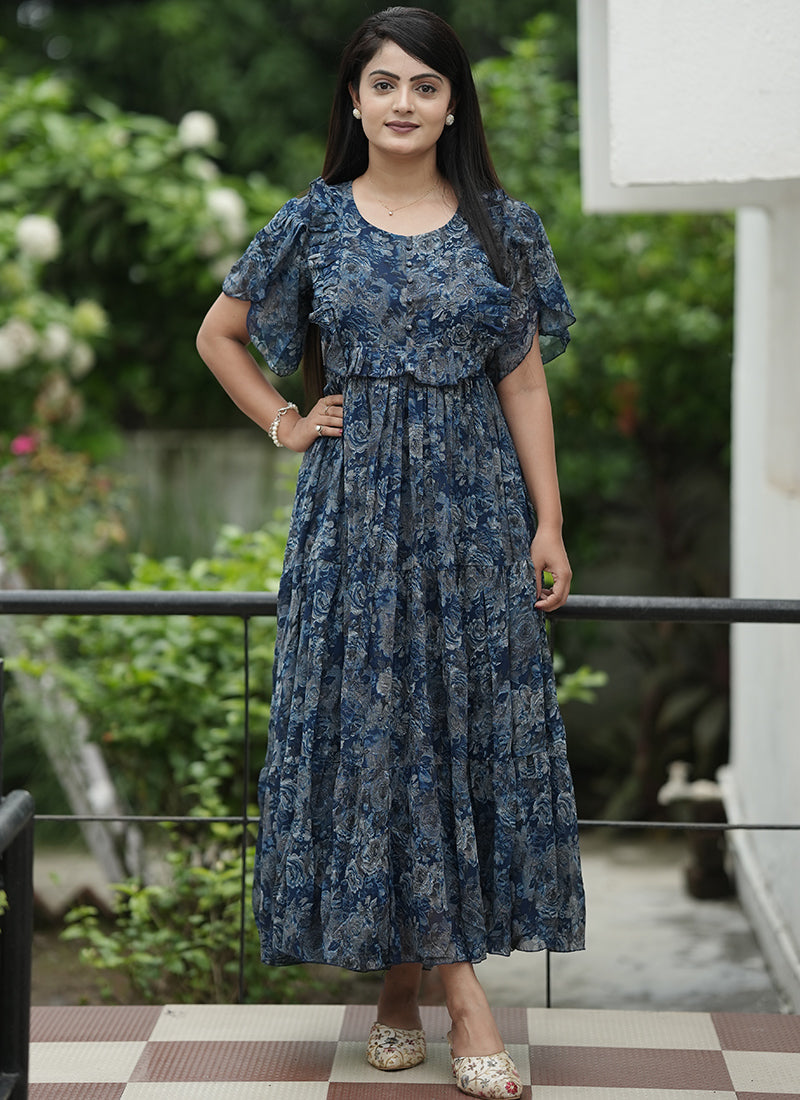 Blue Georgette Abstract Printed Festive Dress