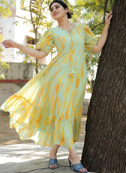 Lemon Yellow Georgette Floral Printed Party Wear Maxi Dress