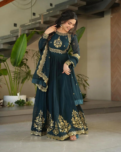 Designer Heavy Work Teal Green Color Gown