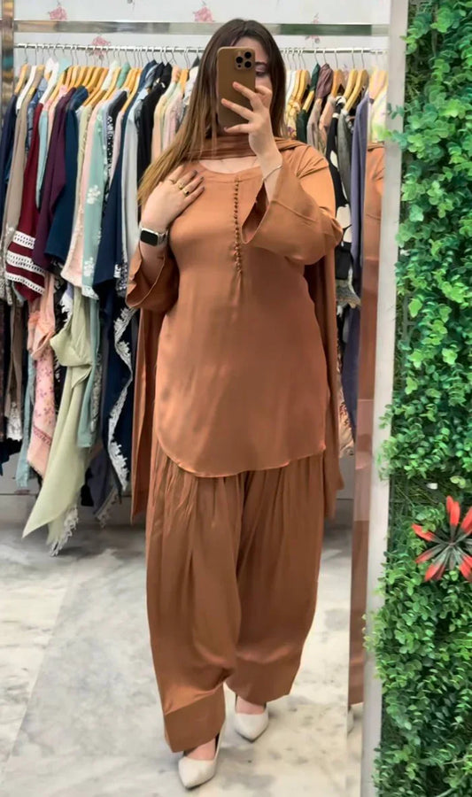 New Launching Natural Crep Silk Party Wear Look Top with Farshi Salwar And Natural Crep Silk Fancy border Dupatta