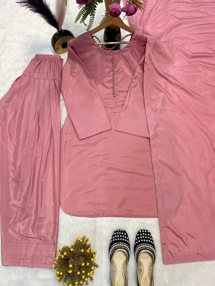 New Launching Natural Crep Silk Party Wear Look Top with Farshi Salwar And Natural Crep Silk Fancy border Dupatta