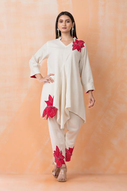 Cotton Kurti-Pant Set with Flower Buta