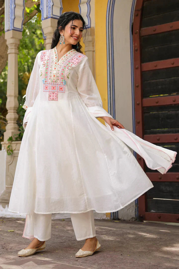 White multicolor Embroidered Straight Kurta Set with Dupatta