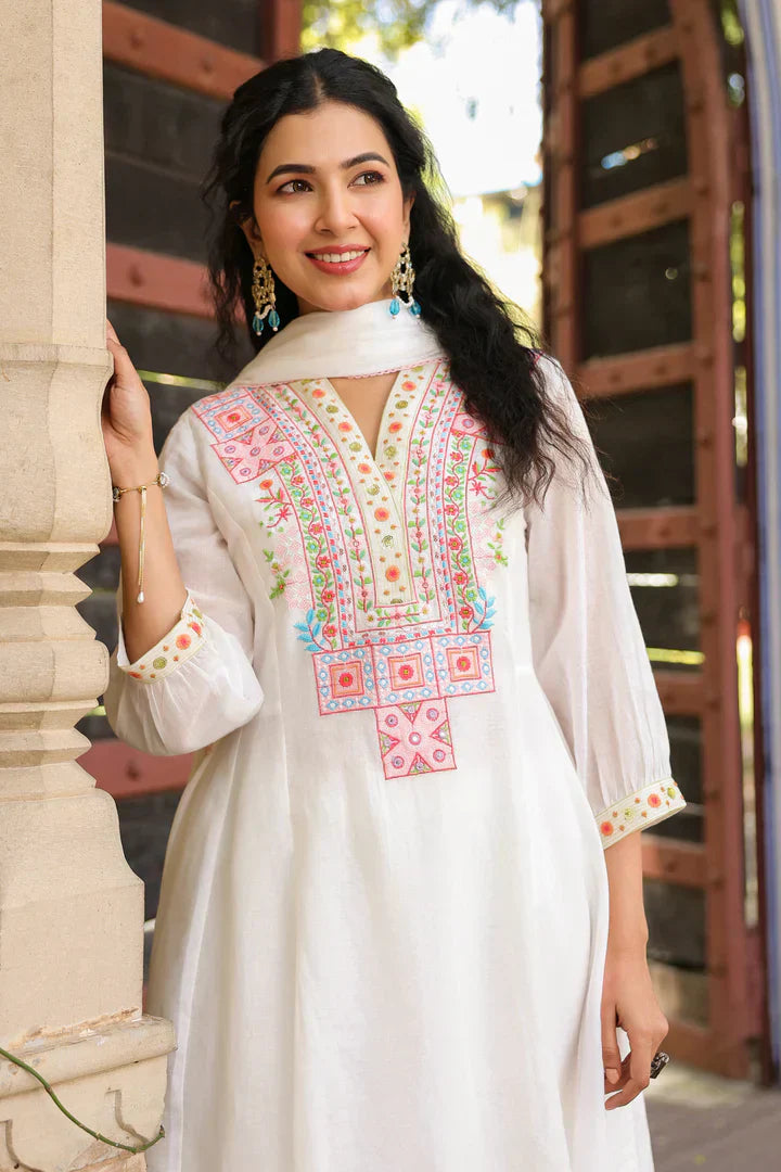 White multicolor Embroidered Straight Kurta Set with Dupatta