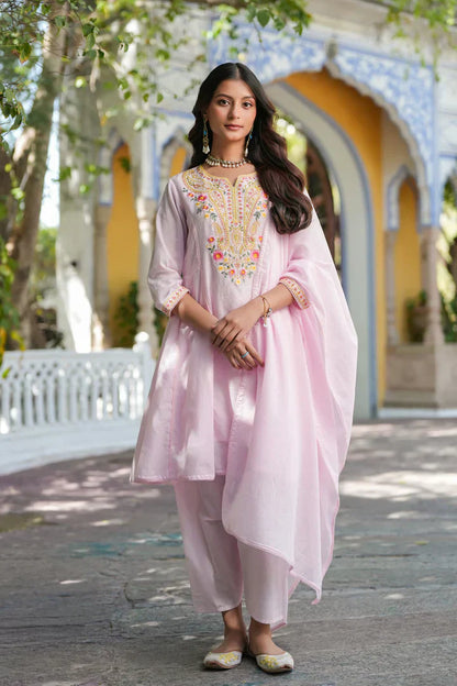 Pastel Pink Embroidered Cotton Kurta Set for Women - Floral Thread Work