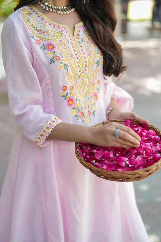 Pastel Pink Embroidered Cotton Kurta Set for Women - Floral Thread Work