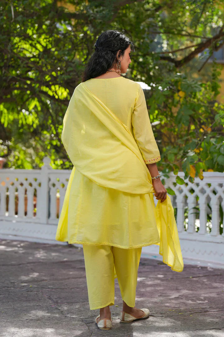 Lime Yellow Embroidered Cotton Kurta Set for Women - Floral Thread Work