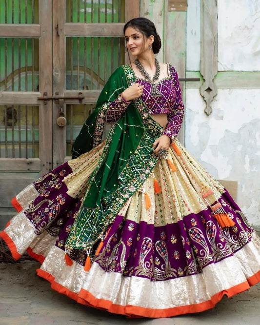 Cream Purple Lehenga Choli With Mirror Work And Attached Green Dupatta With..
