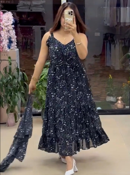 FIRANA-Flared Tiered Georgette Gown with Jacket