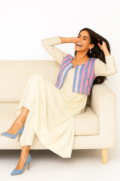 Ivory Cowl Dress with Striped Jacket