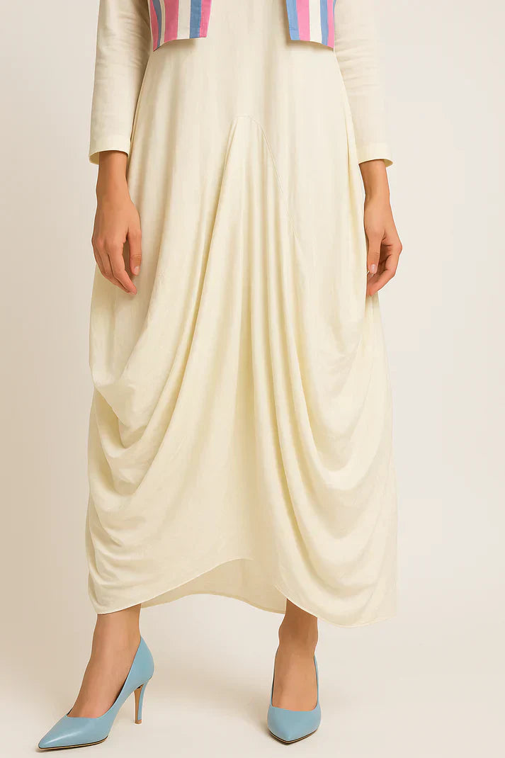 Ivory Cowl Dress with Striped Jacket