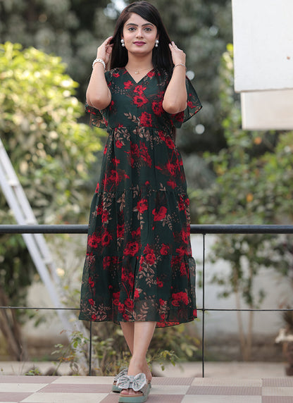 Georgette Flower Printed Western Midi Dress