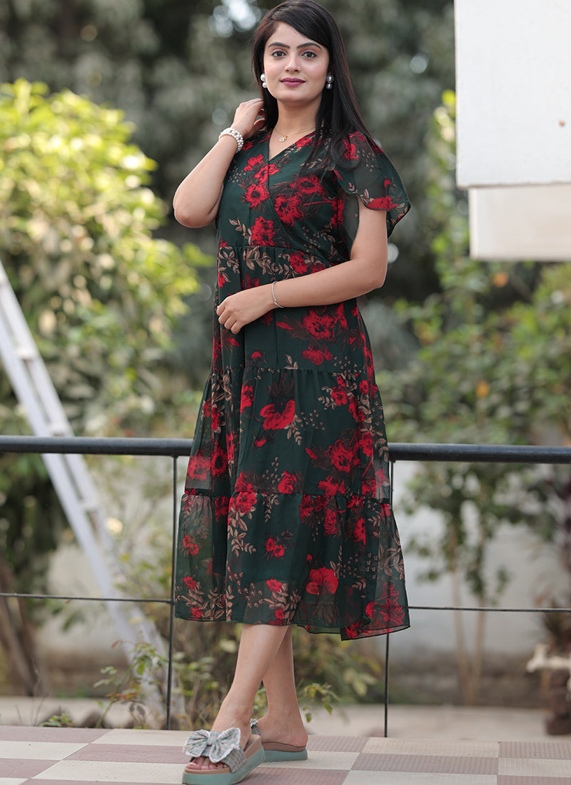 Georgette Flower Printed Western Midi Dress
