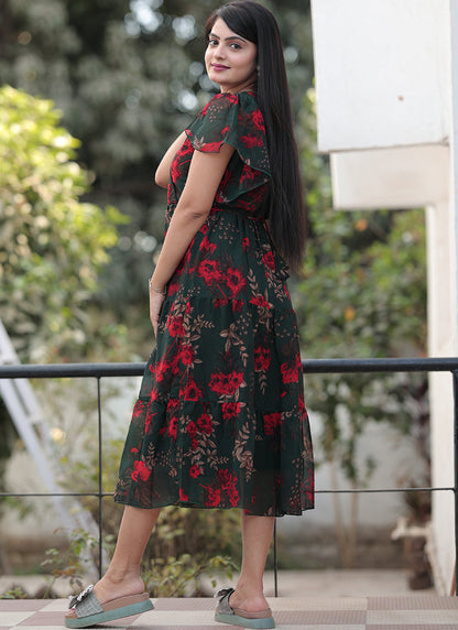 Georgette Flower Printed Western Midi Dress