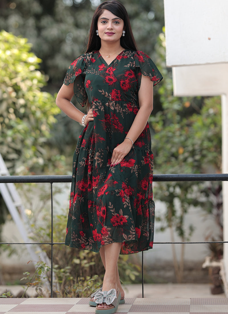 Georgette Flower Printed Western Midi Dress