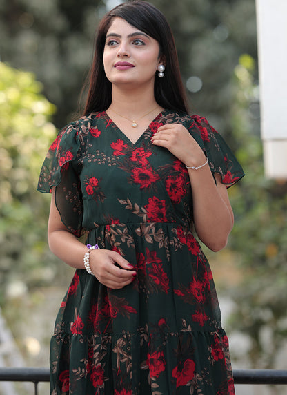 Georgette Flower Printed Western Midi Dress