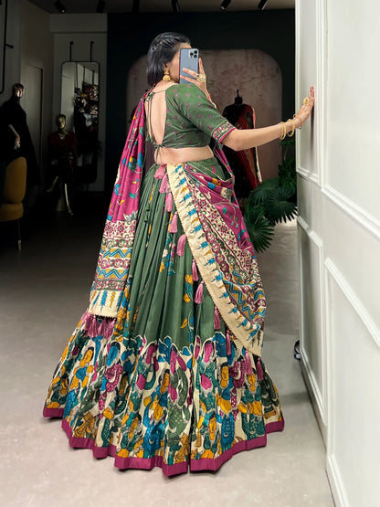 Tussar Silk Patola Print Trendy Lehenga Choli in Green