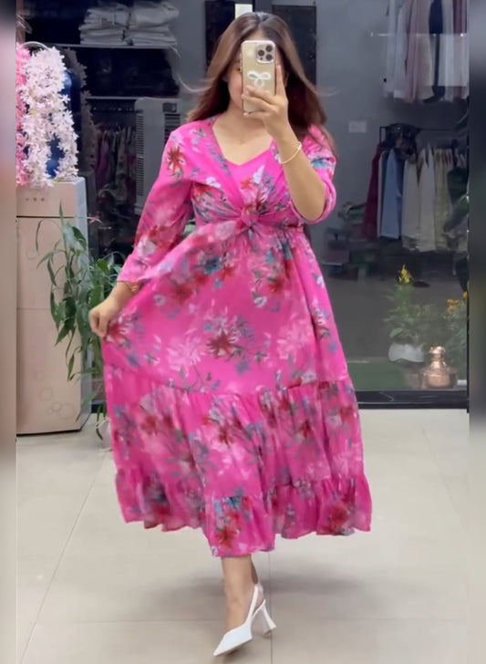 PAJJI-Flared Tiered Georgette Gown with Jacket