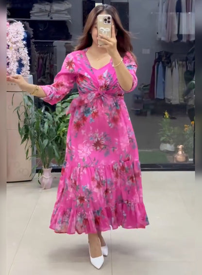 PAJJI-Flared Tiered Georgette Gown with Jacket