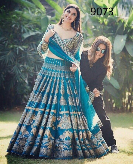 New Designer Printed Sky Blue Color Silk Lehenga Choli