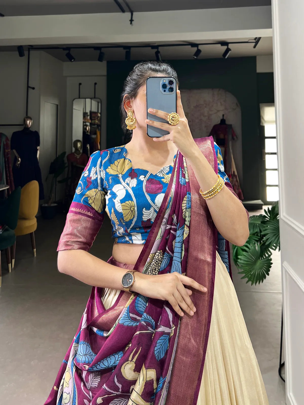 White Color Dola Silk Designer Kalamkari Print Lehenga Choli