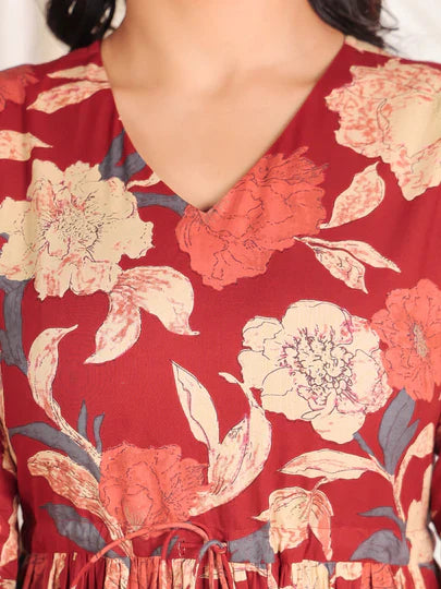 Soft Cotton Floral Anarkali Maroon Dress