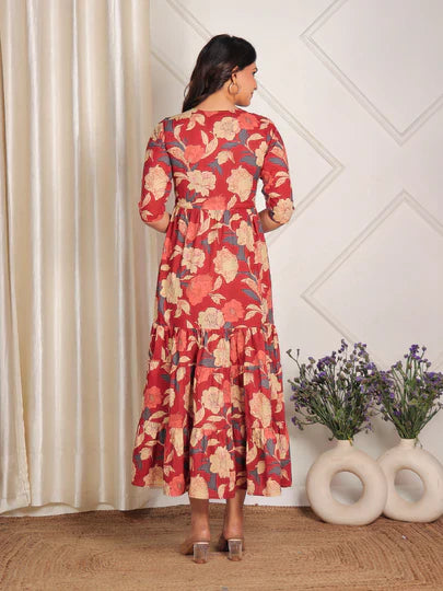 Soft Cotton Floral Anarkali Maroon Dress