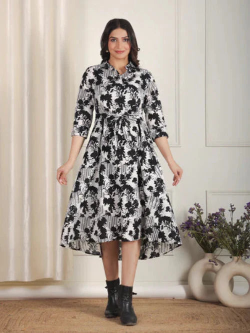 Soft Cotton Abstract Flared Black Dress