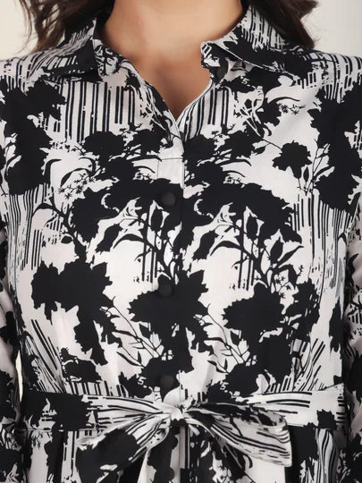 Soft Cotton Abstract Flared Black Dress