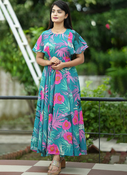 Turquoise Floral Printed Georgette Party Wear Dress