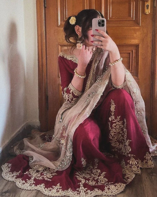 Sunehri Maroon Noor Sharara Set