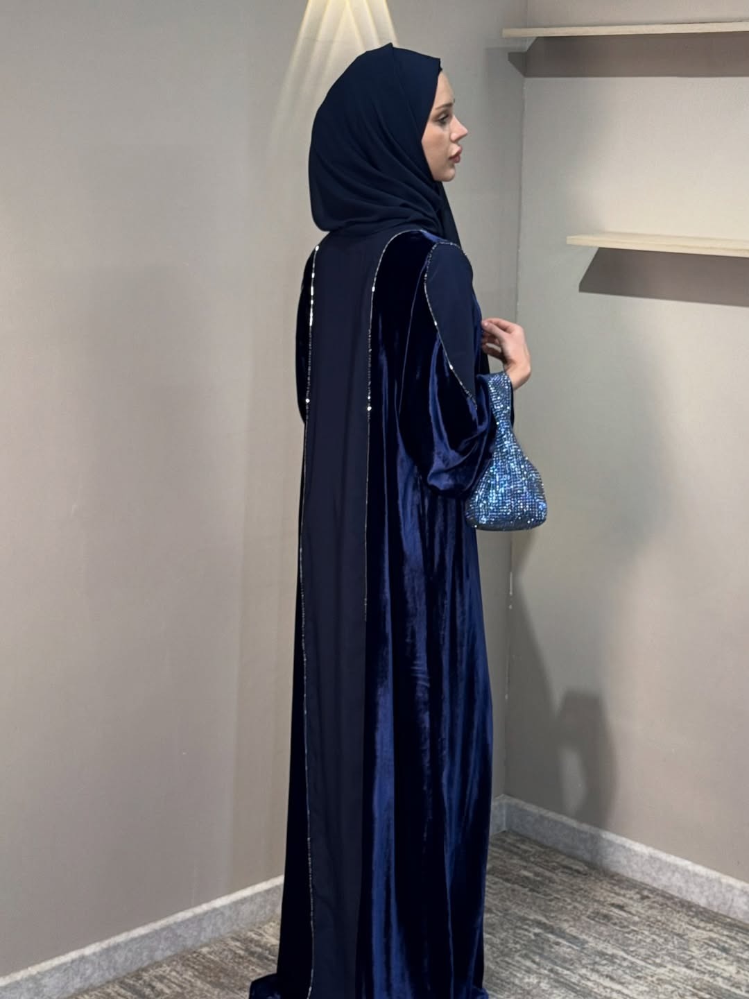 Imported Velvet & Seltos Abaya Elegant Navy Blue Designer Islamic Wear