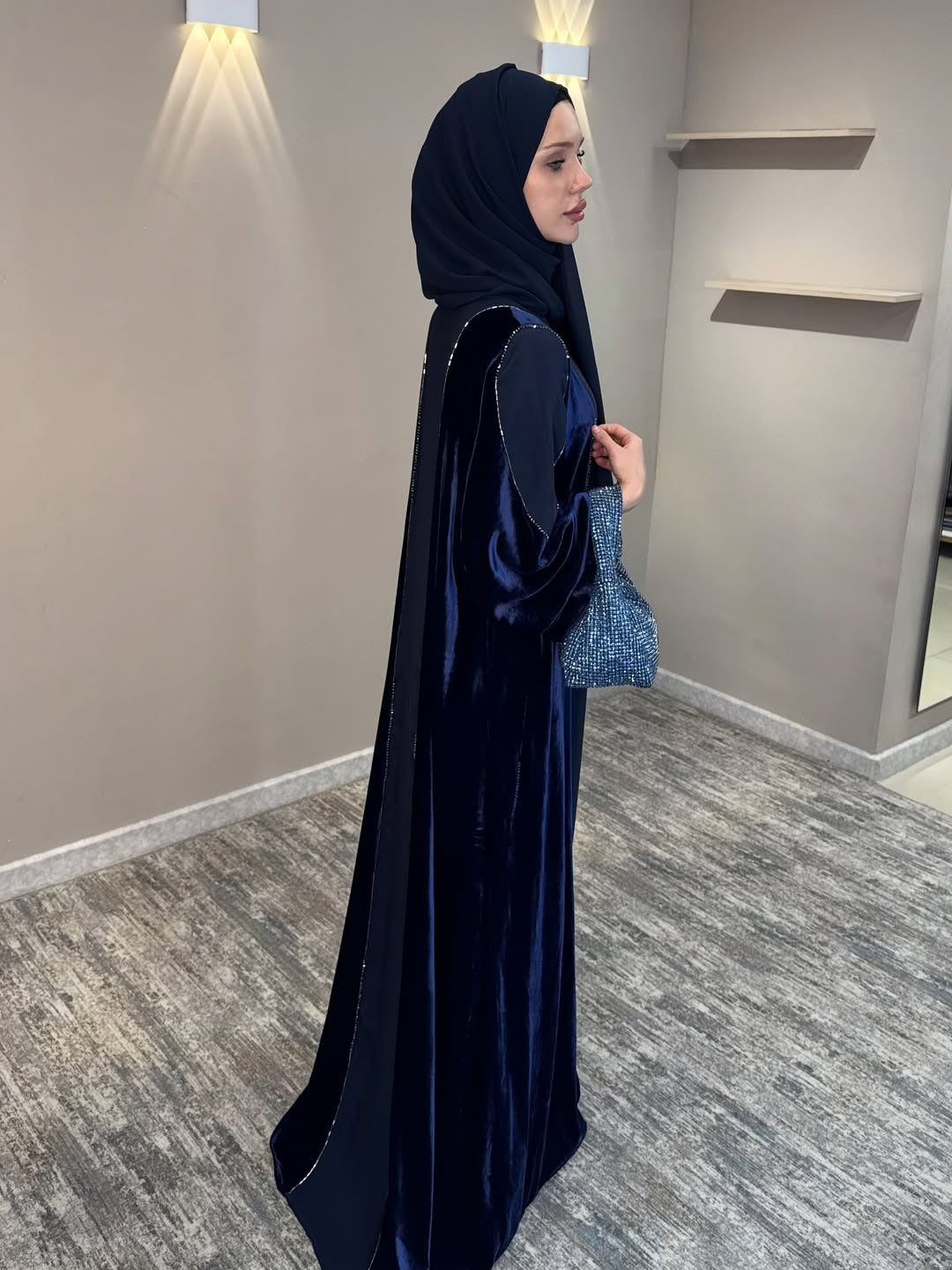 Imported Velvet & Seltos Abaya Elegant Navy Blue Designer Islamic Wear