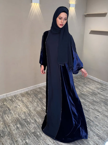 Imported Velvet & Seltos Abaya Elegant Navy Blue Designer Islamic Wear